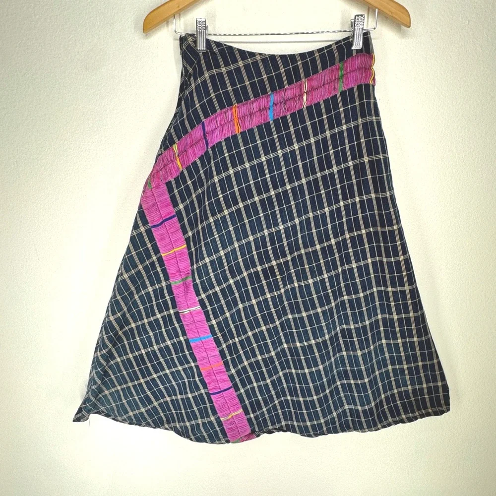 Vintage Habitat Navy Grid Plaid Woven Midi Skirt Side Zip Eclectic Boho Textured - Picture 1 of 9
